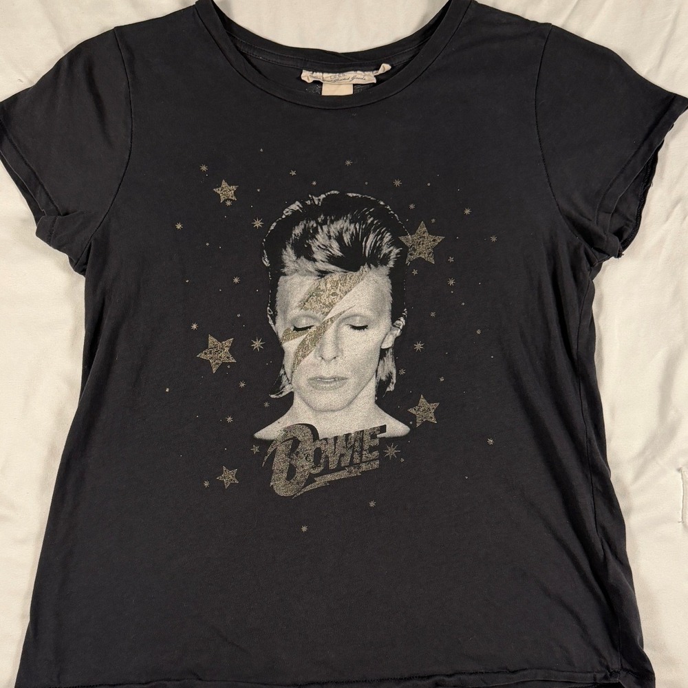 LOGG David Bowie Aladdin Sane Graphic Tee Black Glitter Stars M Glam Rock Grunge